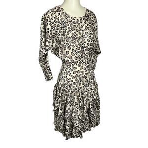 Vtg Lauren Alexandra XS Silk Dress Leopard-Print 80s Knee-Length Dolman